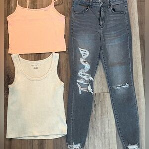 American Eagle Outfitters Cream Ribbed Tank Top ripped gray 6 jeans orange crop